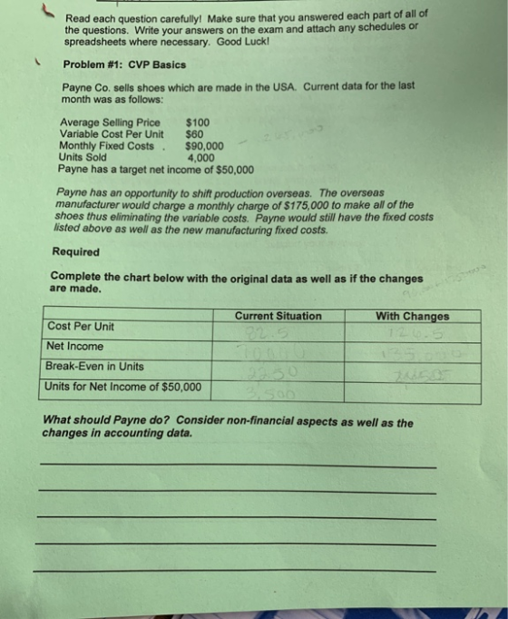 Read each question carefully! Make sure that you answered each part of all of the questions. Write your answers on the exam a