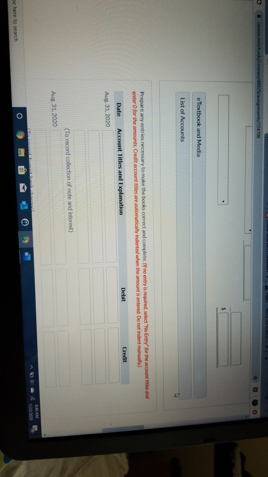 A bout me in canvas.emich.edu/courses/48829/assignments/724708 e Textbook and Media List of Accounts Prepare any entries nece