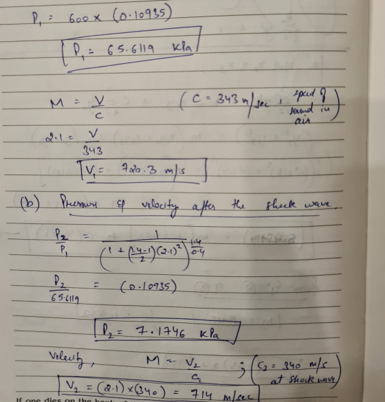 DA - boox (0-10995) P 65.6119 Kla V 343 m sped of ) sound in ала 2.1 V 343 720.3 ms Tua (b) Pressure of velocity after the sh