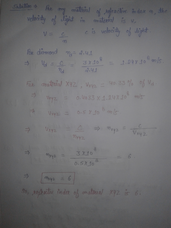 solution Por any material of refractive index n, the velocity of light in material is v. V=C e is velocity of light ) Por dia