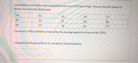 Listed below are totally made-up speeds of cars on 1-210 East in mph. Assume that the speeds of drivers are normally distribu