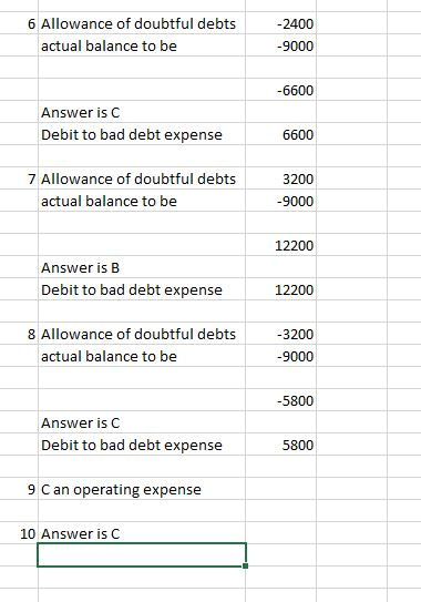 6 Allowance of doubtful debts -2400 actual balance to be -9000 -6600 Answer is C Debit to bad debt expense 6600 7 Allowance o