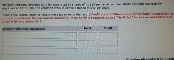 Marigold Company obtained land by issuing 2,890 shares of its $10 par value common stock. The land was recently appraised at