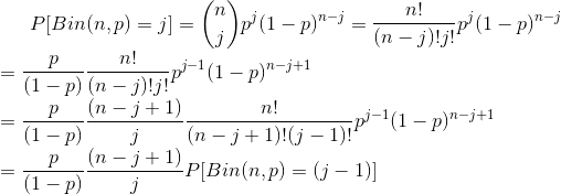 n! (n – j)!}}P (1 – p); pu (1 – p)-j+1 P[Bin(n,p) = j] = p n! (1 - p) (n - j)!! р (n-1 +1) n! (1-P) (n - 1 + 1)!(1 - 1)!