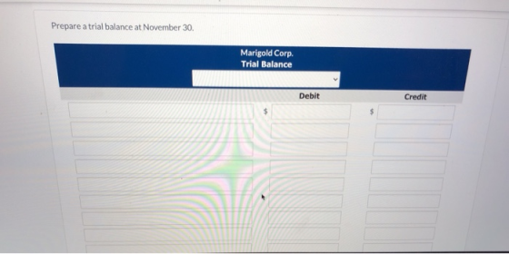 Prepare a trial balance at November 30. Marigold Corp. Trial Balance Debit Credit