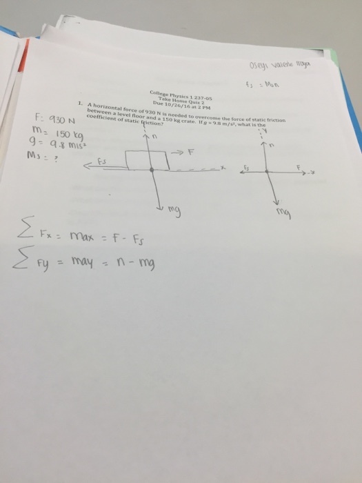 A horizontal force of 930 N is needed to overcome