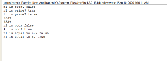 <terminated > Exercise [Java Application] C:\Program Files\ava\jre 1.8.0_181\bin\javaw.exe (Sep 10, 2020 4:40:11 AM) nl is ev