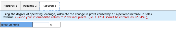 Required 1 Required 2 Required 3 Using the degree of operating leverage, calculate the change in profit caused by a 14 percen