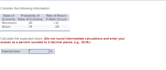 Consider the following information: State of Probability of Rate of Return Economy State of Economy if State Occurs Recession