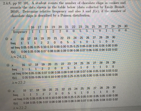 2.4.8, pp 97 101. A student counts the number of chocolate chips in cookies and records the data shown in the table below (da