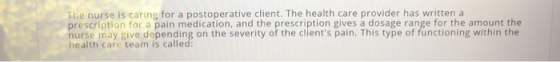 The nurse is caring for a postoperative client. The health care provider has written a prescription for a pain medication, an