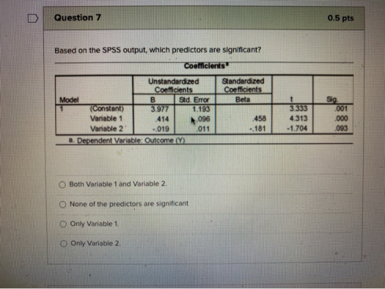 Question 7 0.5 pts Based on the SPSS output, which predictors are significant? Coefficients Standardized Coefficients Beta Un