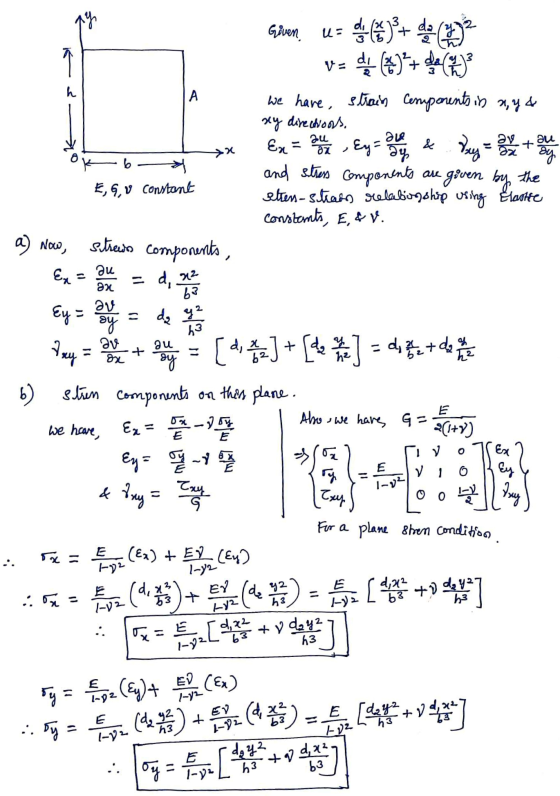 US + 3 A ay be + au Göven da v- die (9) + de (en) h we have strain cemponents in a, y 4 xy directions, Ex = Bu yay Ey = ale B