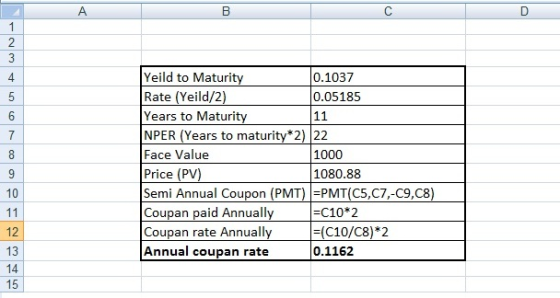 10.103 Yeild to Maturity Rate (Yeild/2) 0.05185 Years to Maturity NPER (Years to maturity*2) 22 Face Value 1000 Price (PV) 10