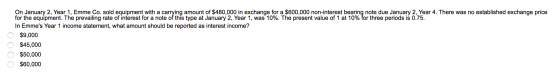 0 On January 2, Year 1, Emme Co. sold equipment with a carrying amount of $480,000 in exchange for a $600,000 non-interest be