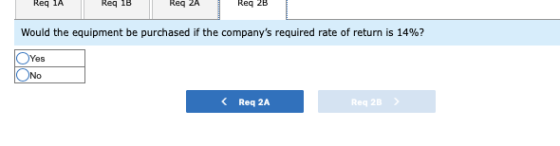 Req IA Req 1B Req ZA Req 2B Would the equipment be purchased if the companys required rate of return is 14%? Yes ONO Req 2A