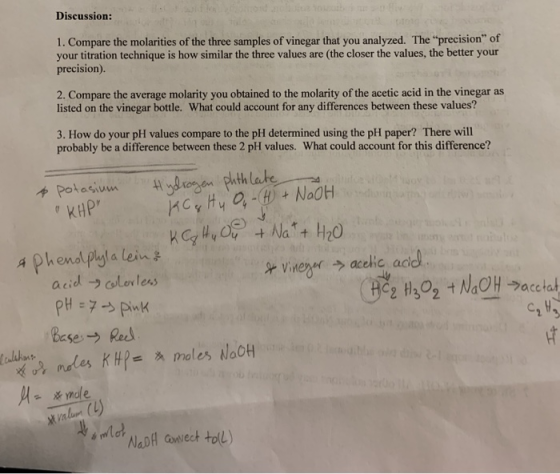 Discussion: 1. Compare the molarities of the three samples of vinegar that you analyzed. The precision of your titration te