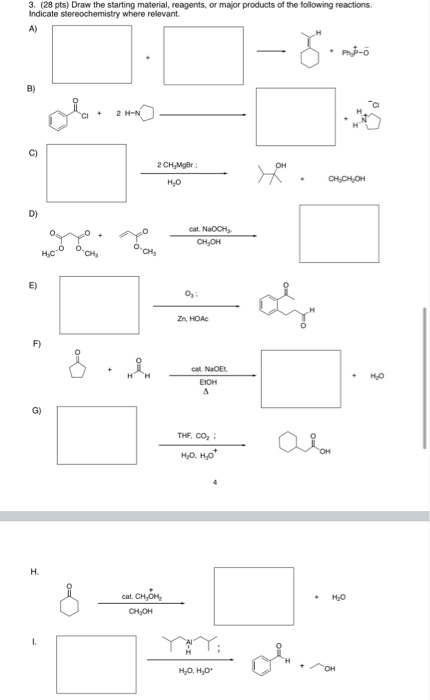 3. (28 pts) Draw the starting material, reagents, or major products of the following reactions. Indicate stereochemistry wher