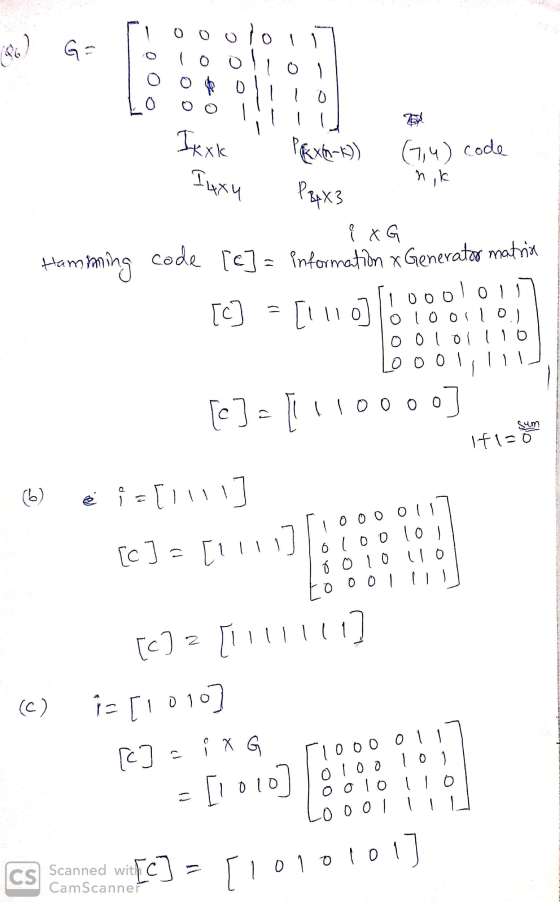 Oo olo 36) G o Ixxk 7,4) code ILuxu Pxn-x) PBpX3 nik Hamming code code [6] = information Generator matria [C] = [1110] I DOO