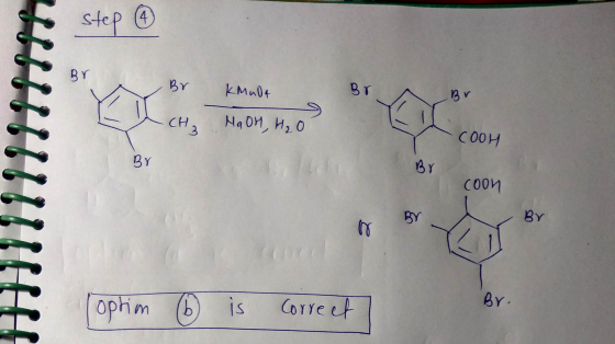 & step @ Br Br Br KMnO4 NaOH, H₂O A CH₂ COOH BY Br coon Br Br. (optim 6 is correct