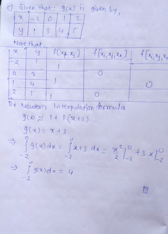 c) Given that g(x) is given by 2 0 2. ५ 3 4 Note that, y f[xo aj flap , xx f[r, dj, te 2. 1 3 — 4 2 S 1 o By Newtons interpo