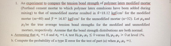 1. An experiment to compare the tension bond strength of polymer latex modified mortar (Portland cement mortar to which polym