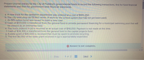 Prepare journal entries for the City of Puddings governmental funds to record the following transactions, first for fund fin
