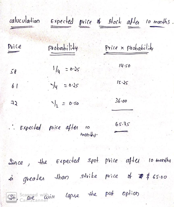 calveulation Expected price stock afla lo tnanths Probabilly Price Price x Probabilik 05.hi 36.00 A2 Expected price aflen noh