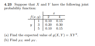 4.23 Suppose that X and Y have the following joint probability function: 1 0.10 0.15 y| 3 | 0.20 0.30 5 0.10 0.15 (a) Find the expected value of g(x, Y) XY2 (b) Find μχ and μΥ.