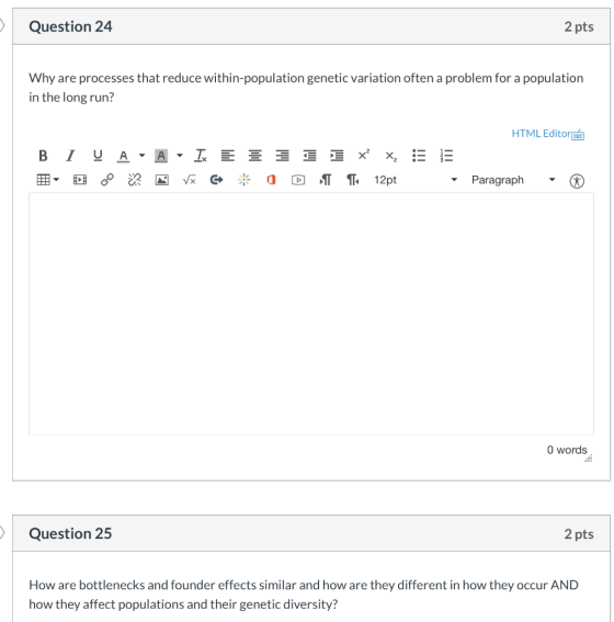 Question 24 2 pts Why are processes that reduce within-population genetic variation often a problem for a population in the l