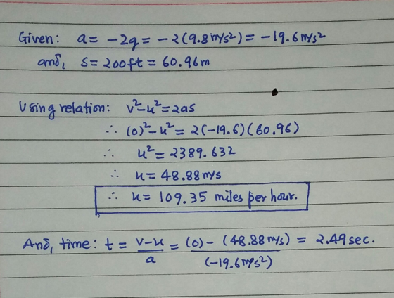 am3, s= 200ft = 60.96m V Sin relation: vas (o).-W-26-19. C) ( 60。96) uz= 2389。632 に48.88ms k- 109.35 miles per hour. :: 49 se c Am2, tine : t = v-u-10)- (48.88 ms) = .