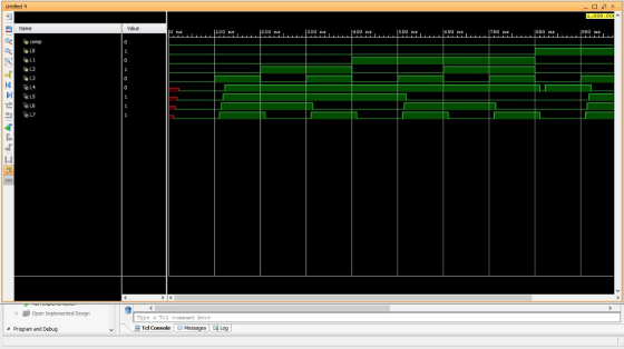 Untited 4 Valuc On費 00 ne 200 n s00 ns comp Open Implemented Design Type a Tel conmand hete Program and Debug 里Td Console Mes