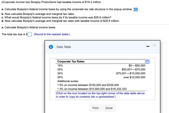 (Corporate income tax) Boisjoly Productions had taxable income of $19.2 million. a. Calculate Boisjolys federal income taxes