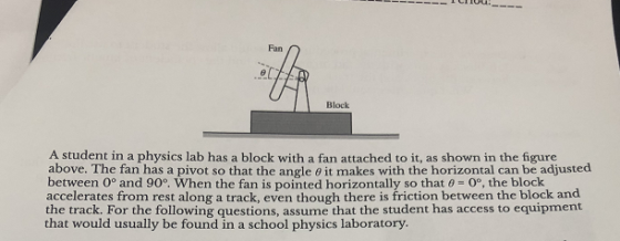 TCTIOUN Fan Block A student in a physics lab has a block with a fan attached to it, as shown in the figure above. The fan has