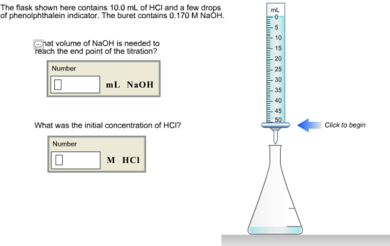 The flask shown here contains 10.0 mL of HCI and a few drops of phenolphthalein indicator. The buret contains 0.170 M NaOH mL 10 at volume of NaOH is needed to reach the en 20 25 30 E 35 40 E- 45 Number mL NaOH What was the initial concentration of HCI? Click to begin Number M HC