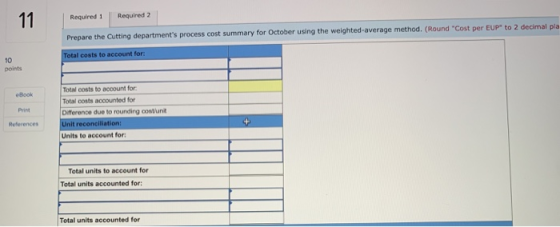 Required 1 Required 2 Prepare the Cutting departments process cost summary for October using the weighted average method. (R