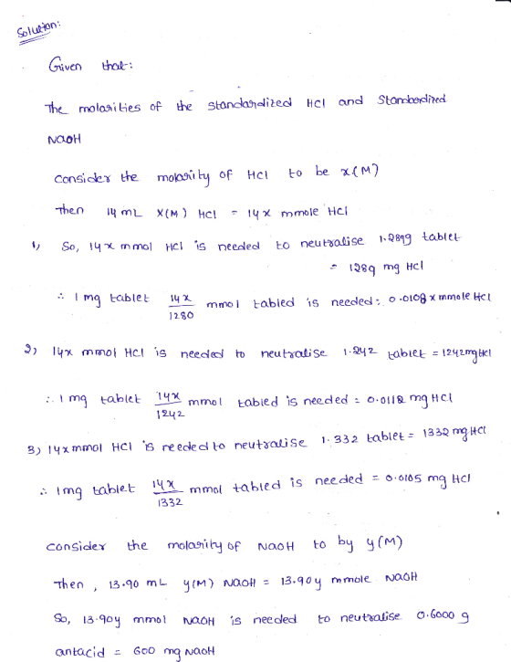 Solutdon Griven l The molosities of Stananlie CI and Stobelhedl NOOH consideste moosily of HCl to be χ(MP 128 mg Hcl I ma tab