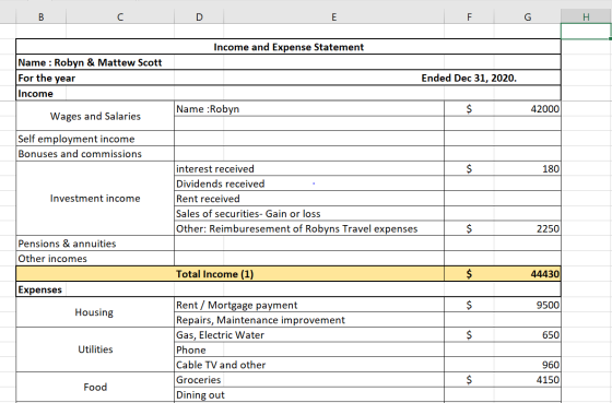 B C D F G H Income and Expense Statement Name : Robyn & Mattew Scott For the year Income Ended Dec 31, 2020. Name :Robyn / $