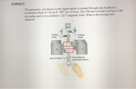 Problem 4. The generator coil shown in the figure below is rotated through one-fourth of a revolution (from 0 = 00 to 0 = 90°