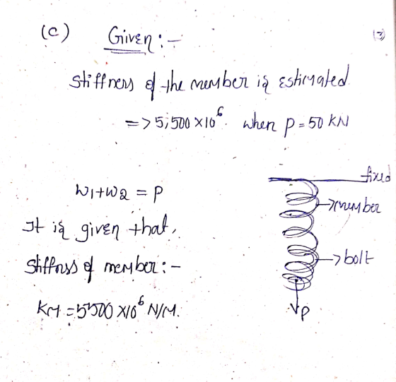 (C) Given: - stiffness of the member ią Esticealed . .. => 5; 50 x10$ when p-50 KN trember Witwa = p It if given that stiffor