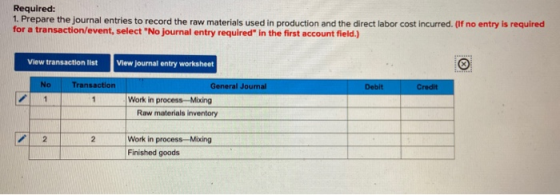 Required: 1. Prepare the journal entries to record the raw materials used in production and the direct labor cost incurred. (