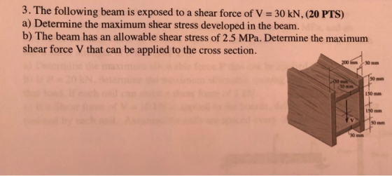 3. The following beam is exposed to a shear force of V = 30 kN, (20 PTS) a) Determine the maximum shear stress developed in t