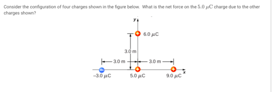 Consider the configuration of four charges shown in the figure below. What is the net force on the 5.0 μC charge due to the other charges shown? 6.0 μC 3.0 m 3.0 m 3.0 m