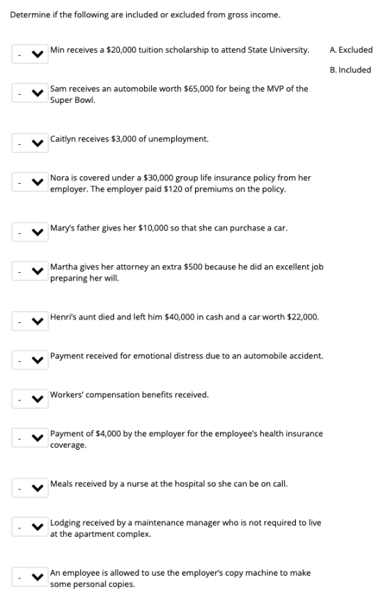 Determine if the following are included or excluded from gross income. Min receives a $20,000 tuition scholarship to attend S