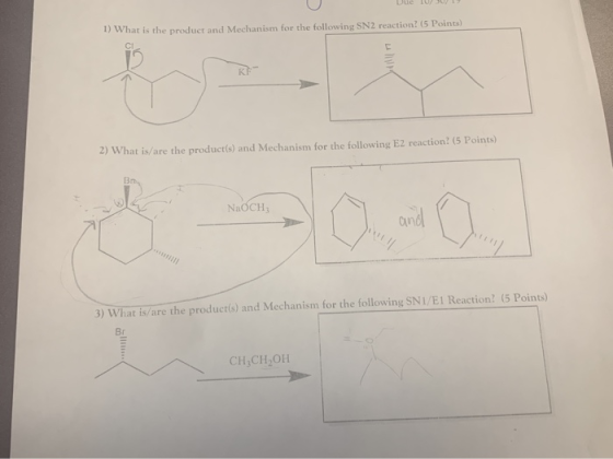 1) What is the product and Mechanism for the following SN2 reaction? (5 Points) 2) What is/are the product(s) and Mechanism f