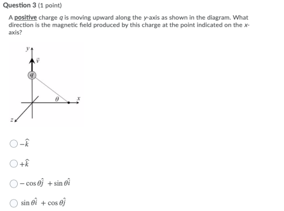 Question 3 (1 point) A positive charge q is moving upward along the y-axis as shown in the diagram. What direction is the mag