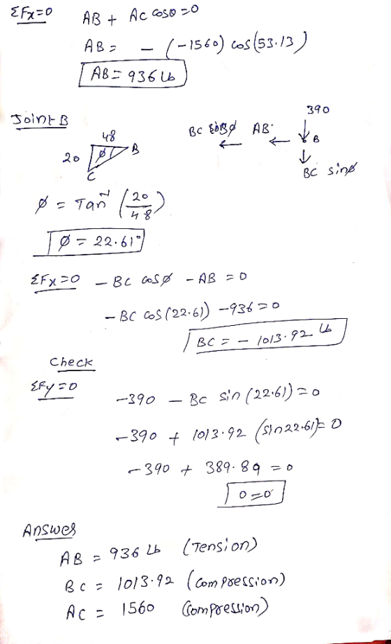 EFXzo AB + Ac CSO 20 ABS -/-1560) cos(53.13) AB = 9366 390 Joint B 1 48 BC sirge AB J Bc sing N /20 TØ = 22.610 {Fx30 - BCCS
