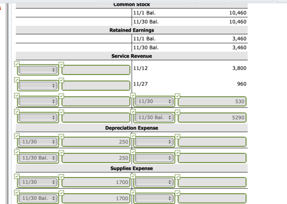 Common Stock 10,460 10,460 11/1 Bal. 11/30 Bal. Retained Earnings 11/1 Bal. 11/30 Bal. 3,460 3,460 Service Revenue 11/12 3,80