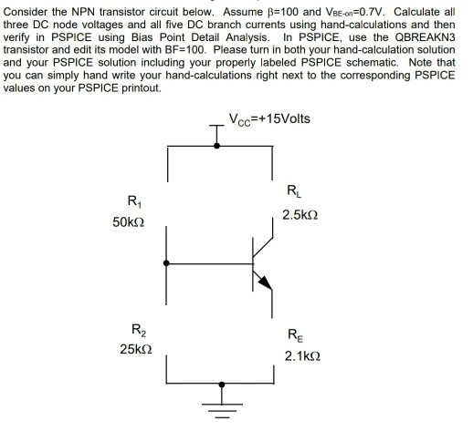 Consider the NPN transistor circuit below. Assume B=100 and Vee-on=0.7V. Calculate all three DC node voltages and all five DC