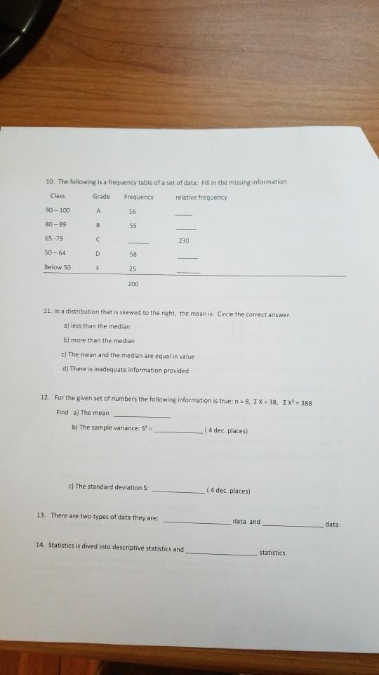 10. The following is a frequency table of a set of data: Fill in the missing information Grade Frequency relative frequency 9